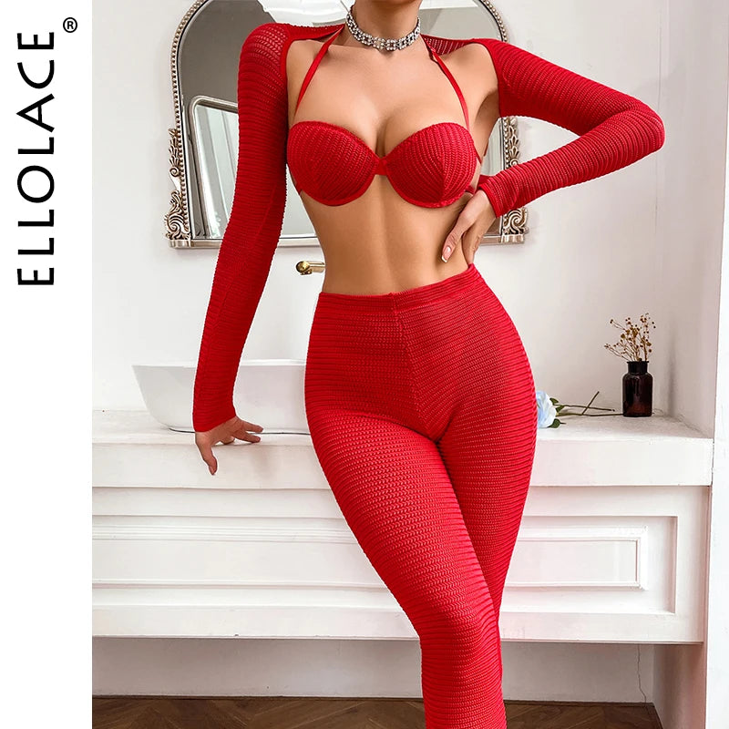 Ellolace Valentine Crochet Lingerie Set Red Crop Top Long Sleeve Pants Women's Underwear 4-Piece Comfort Sexy Outfits