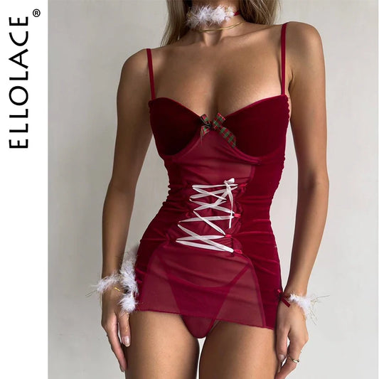 Ellolace Christmas Dress Velvet Feather Slip Sleepwear Bunny Rabbit Ears Headband Lace Lingerie Call Of The Night Adult Doll