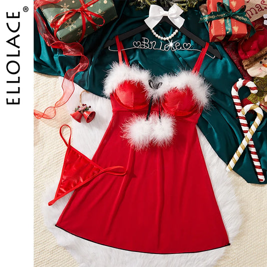 Ellolace Christmas Dress With Thong Feather Hairball With Bow Velvet Mini Dress Festival Outfit Women Nightdress